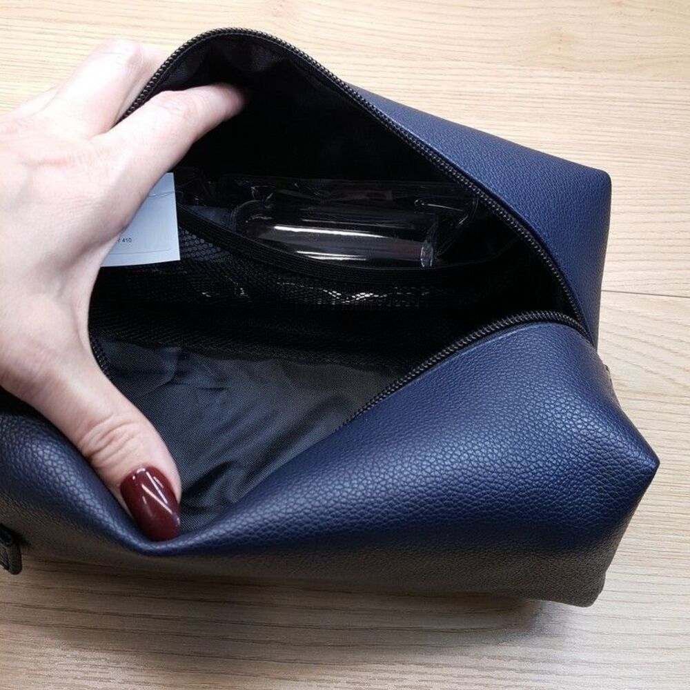 PERRY ELLIS Mens Navy Faux Leather Zip Case Travel Shave Toiletry Kit Bag Pouch - Picture 5 of 10